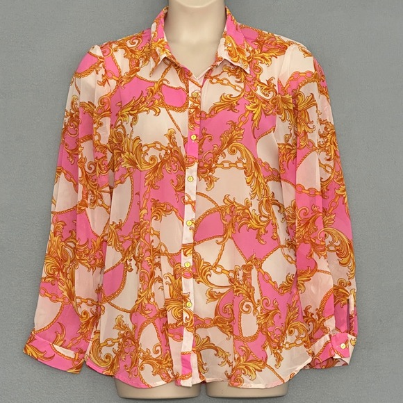 Fresh Of La Tops - Fresh of LA Womens Top 2X Pink Gold Scroll Chain Print Sheer Feminine Retro 90s